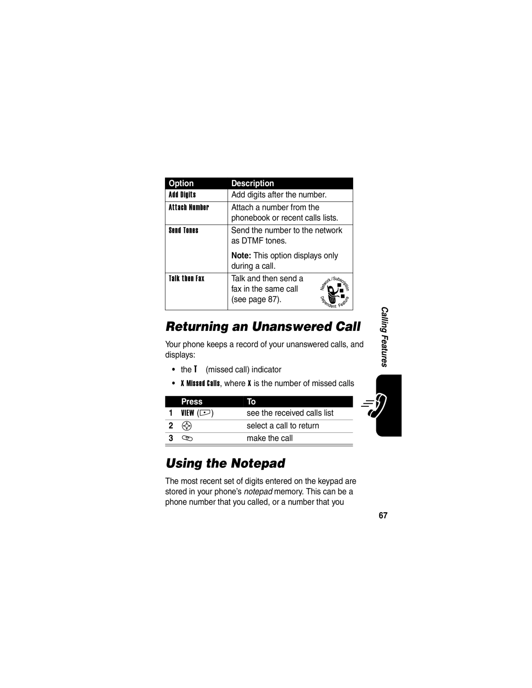 Motorola E398 manual Returning an Unanswered Call, Using the Notepad 