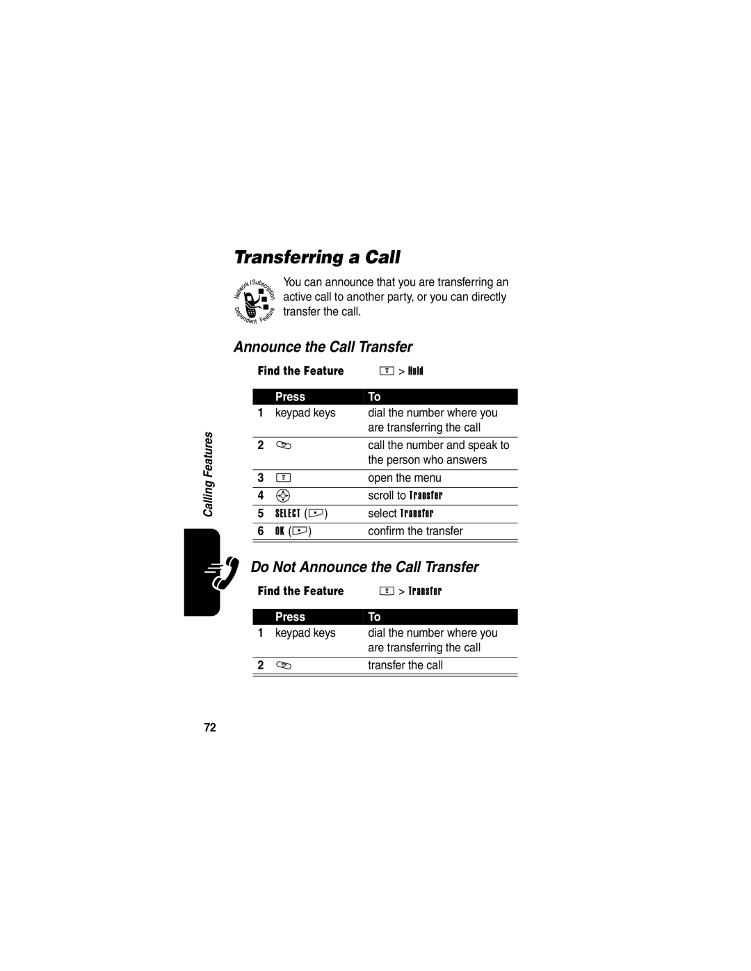 Motorola E398 manual Transferring a Call, Do Not Announce the Call Transfer 