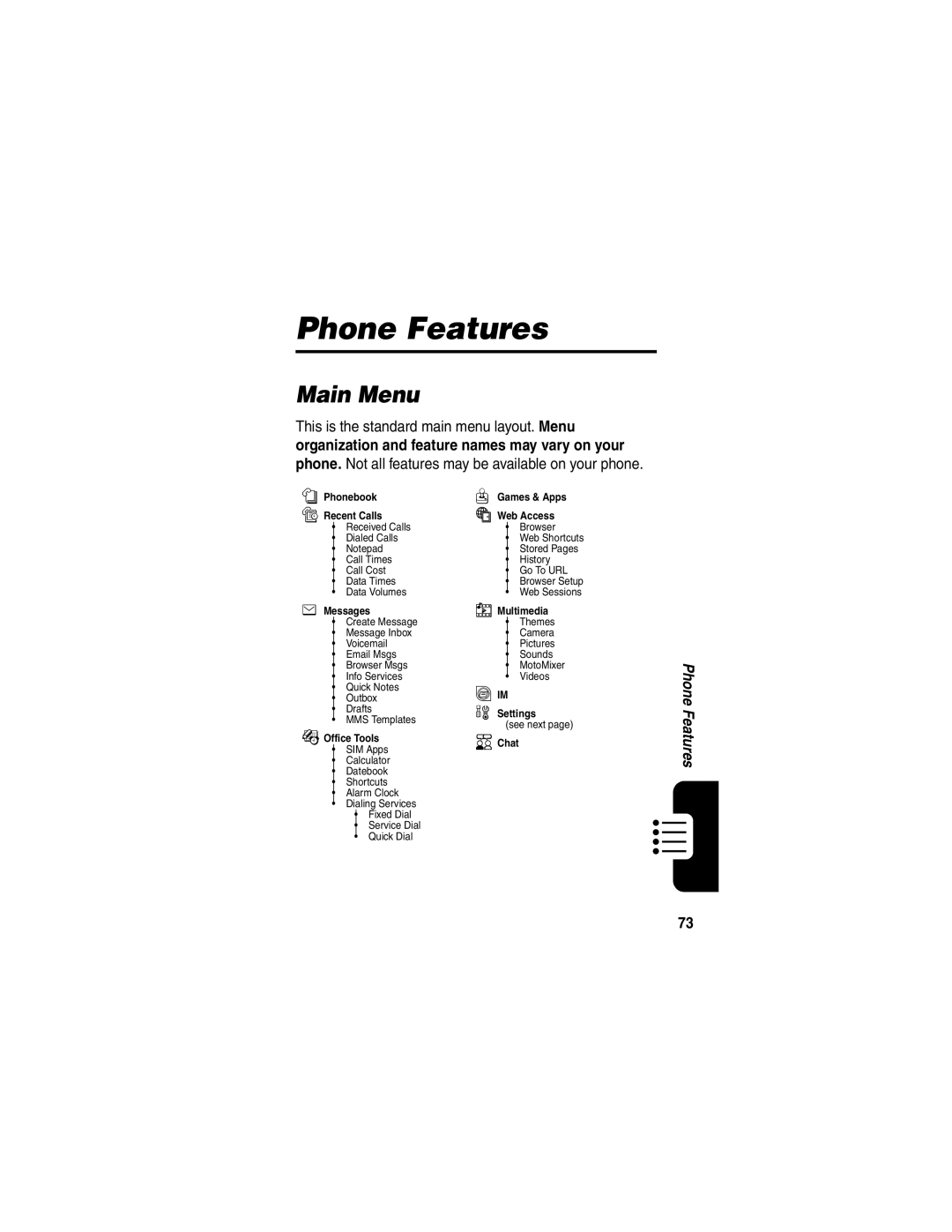 Motorola E398 manual Phone Features, Main Menu 