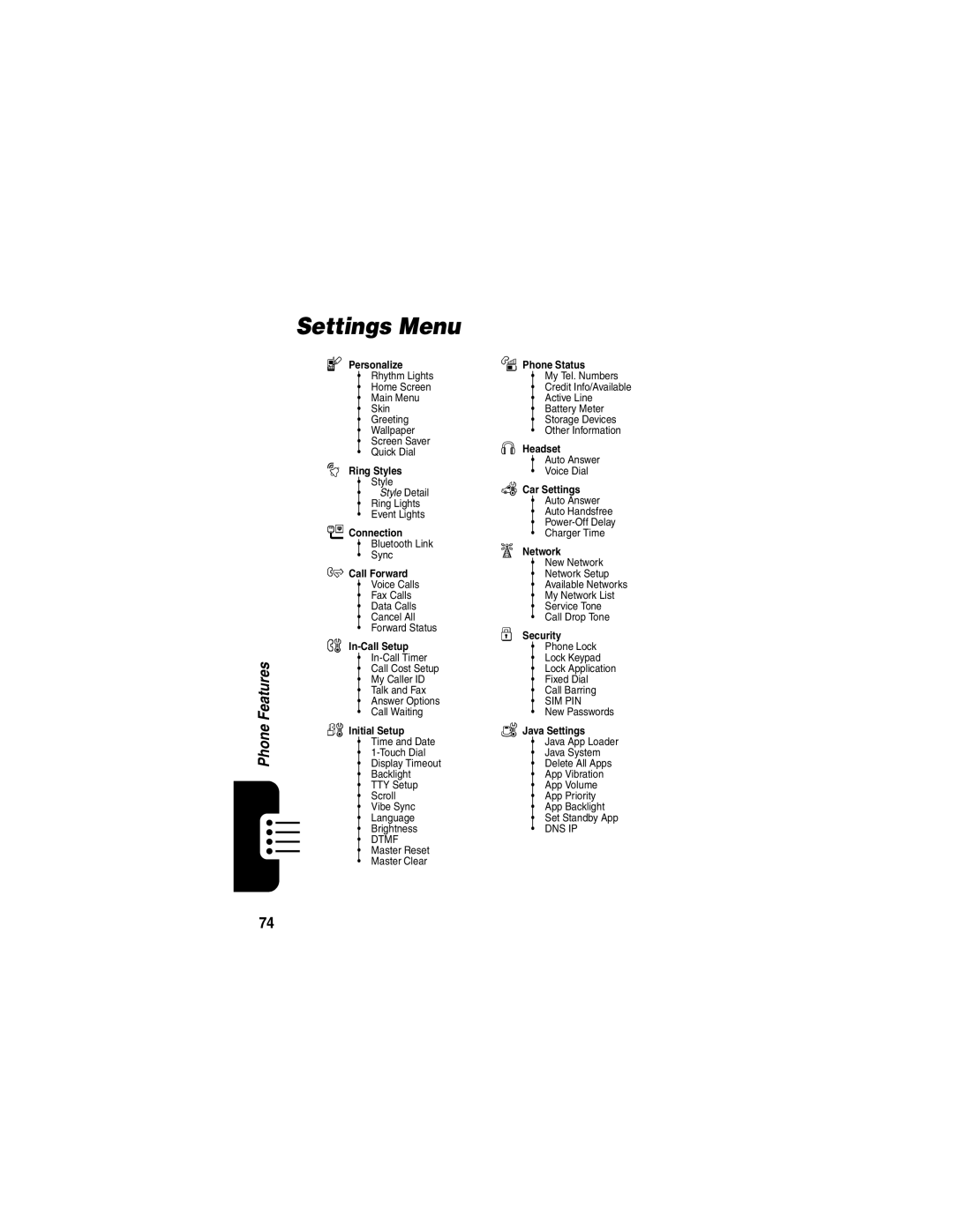 Motorola E398 manual Settings Menu, Personalize Phone Status 