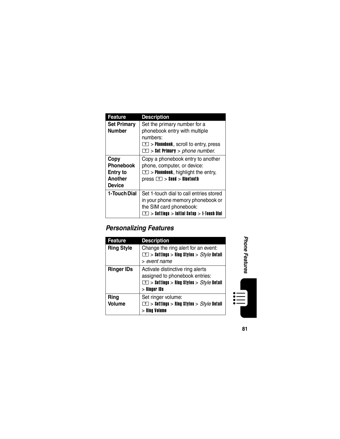 Motorola E398 manual Personalizing Features 