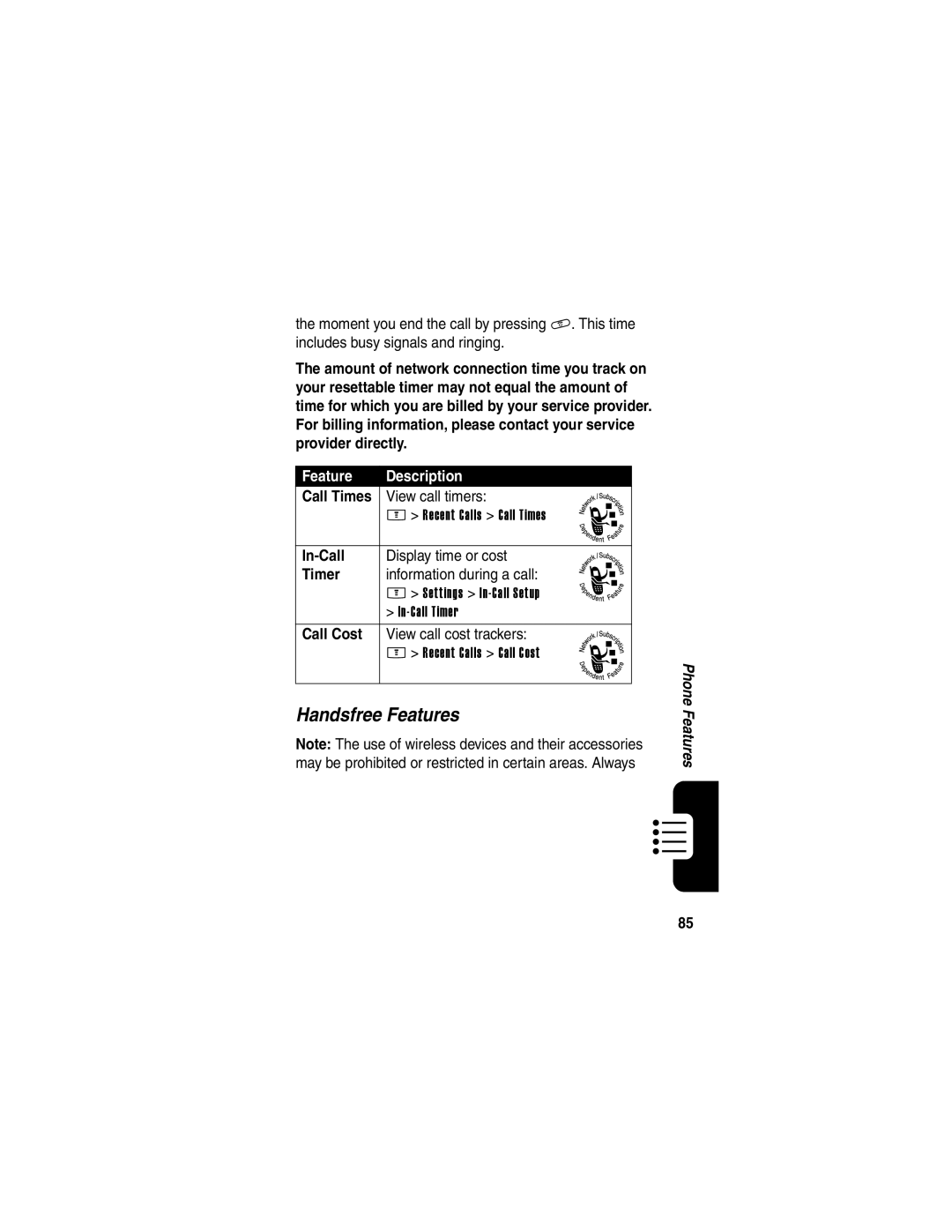 Motorola E398 manual Handsfree Features, In-Call, Timer, Call Cost 