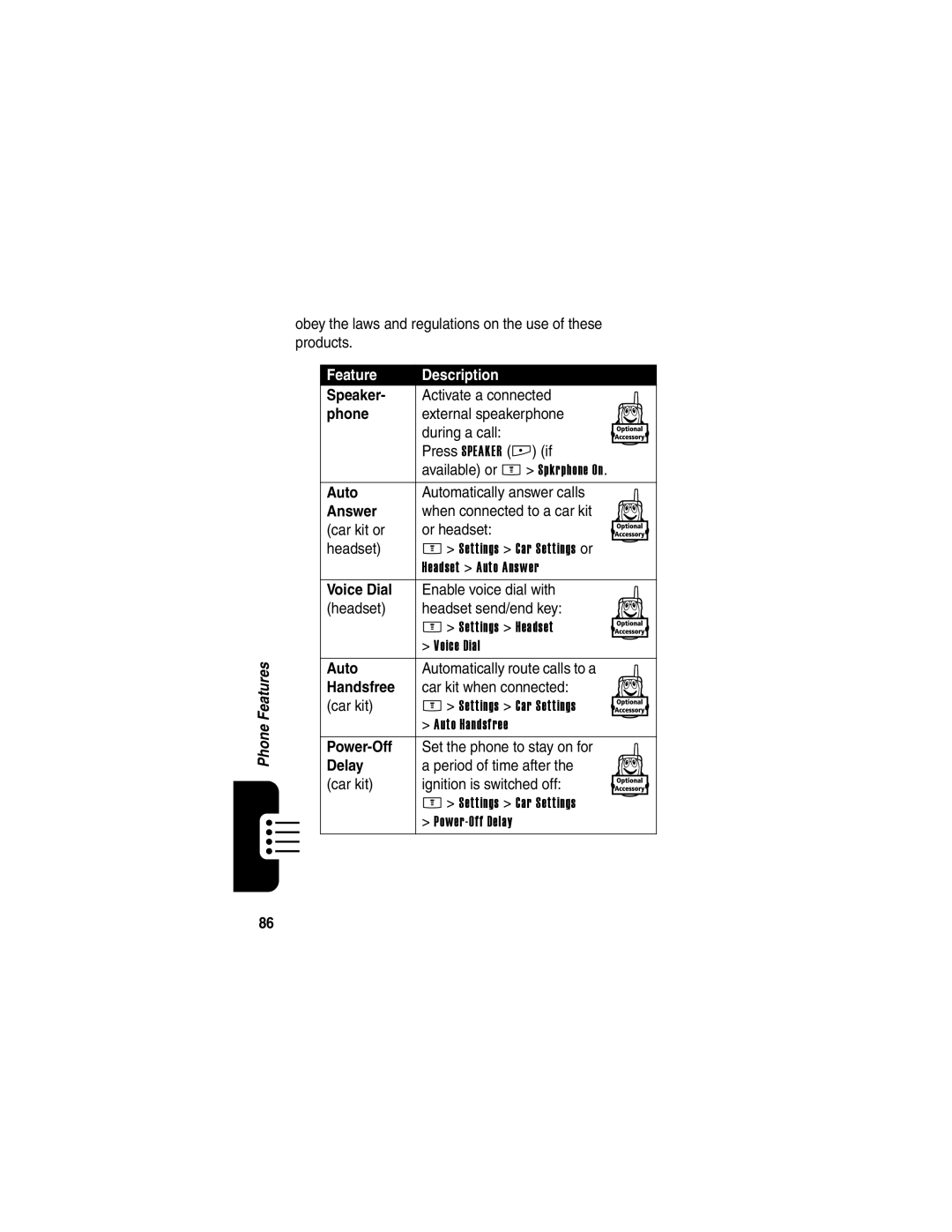 Motorola E398 manual Speaker, Auto, Answer, Power-Off, Delay 