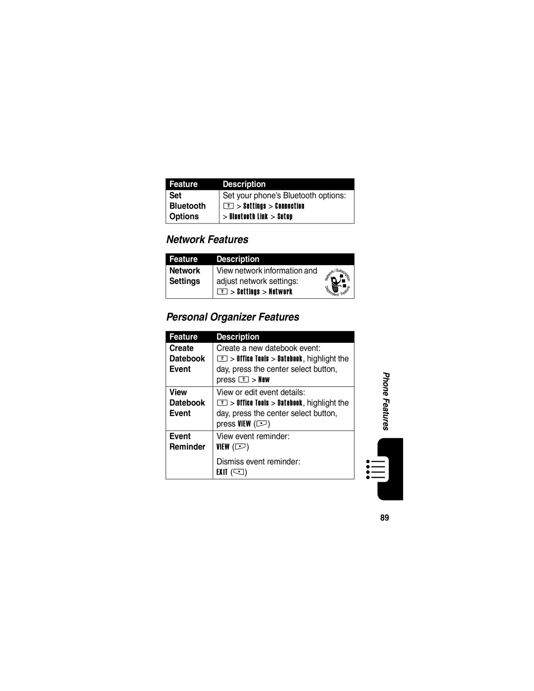 Motorola E398 manual Network Features, Personal Organizer Features 