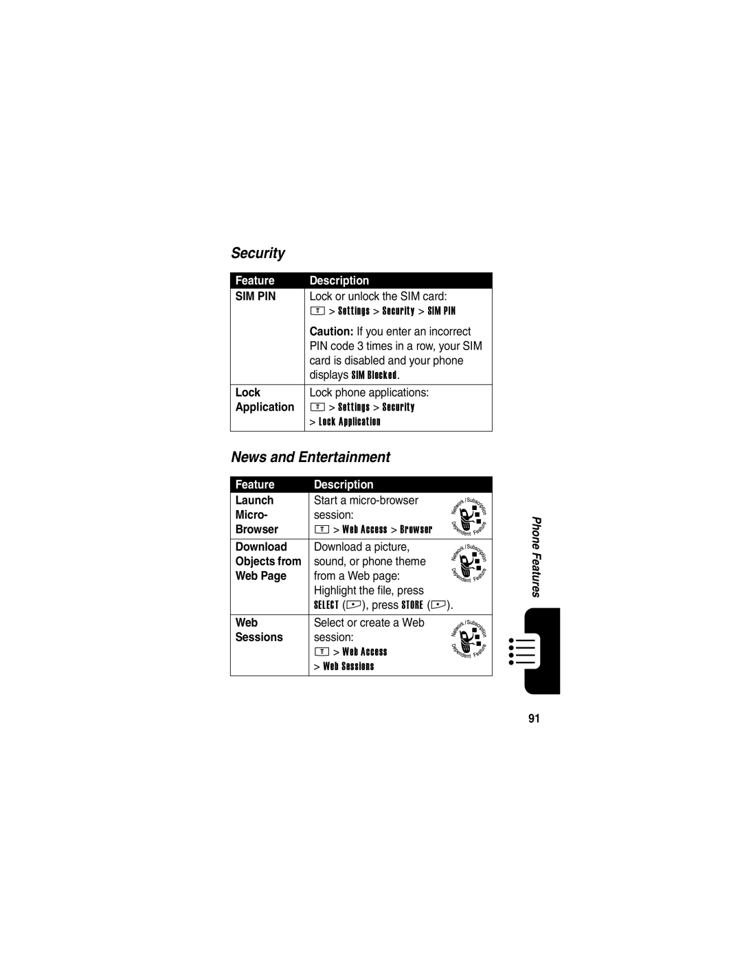 Motorola E398 manual Security, News and Entertainment 