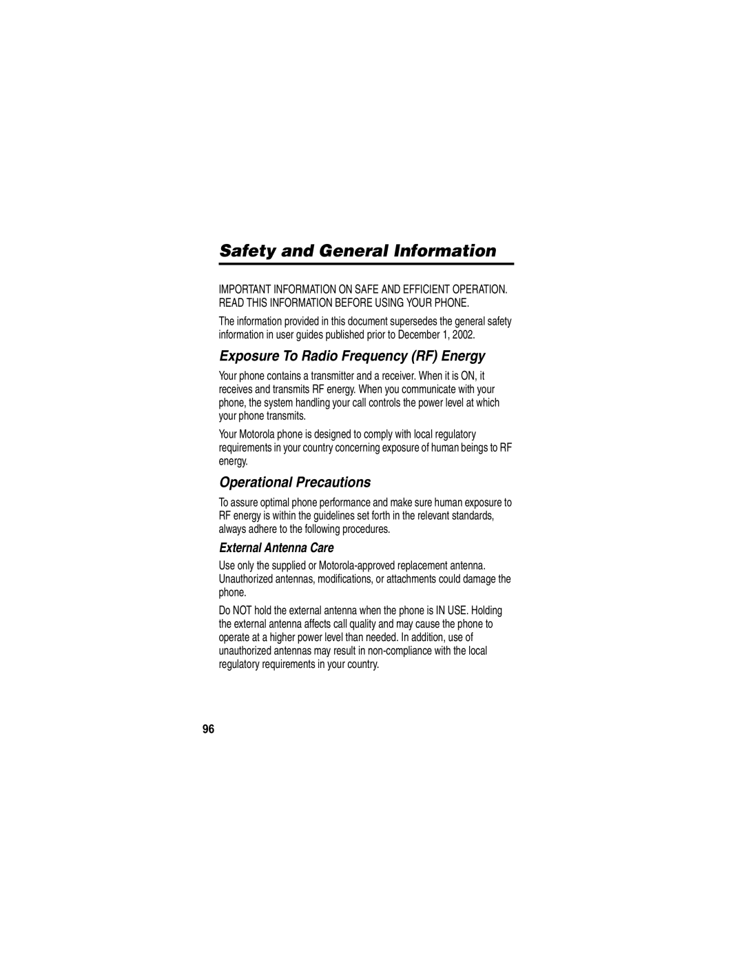 Motorola E398 manual Safety and General Information, External Antenna Care 