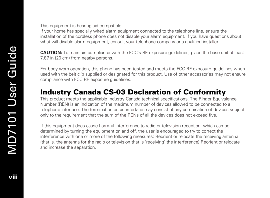 Motorola E51 Series manual Industry Canada CS-03 Declaration of Conformity, Viii 