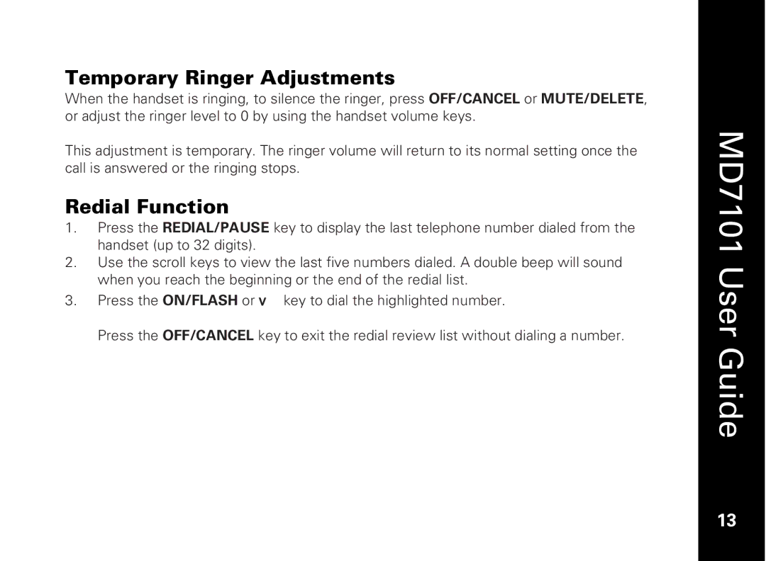 Motorola E51 Series manual Temporary Ringer Adjustments, Redial Function 