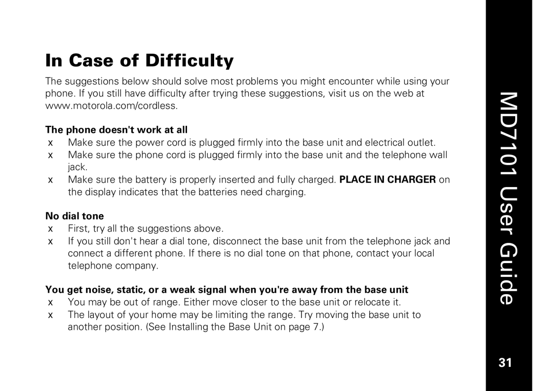 Motorola E51 Series manual Case of Difficulty, Phone doesnt work at all 