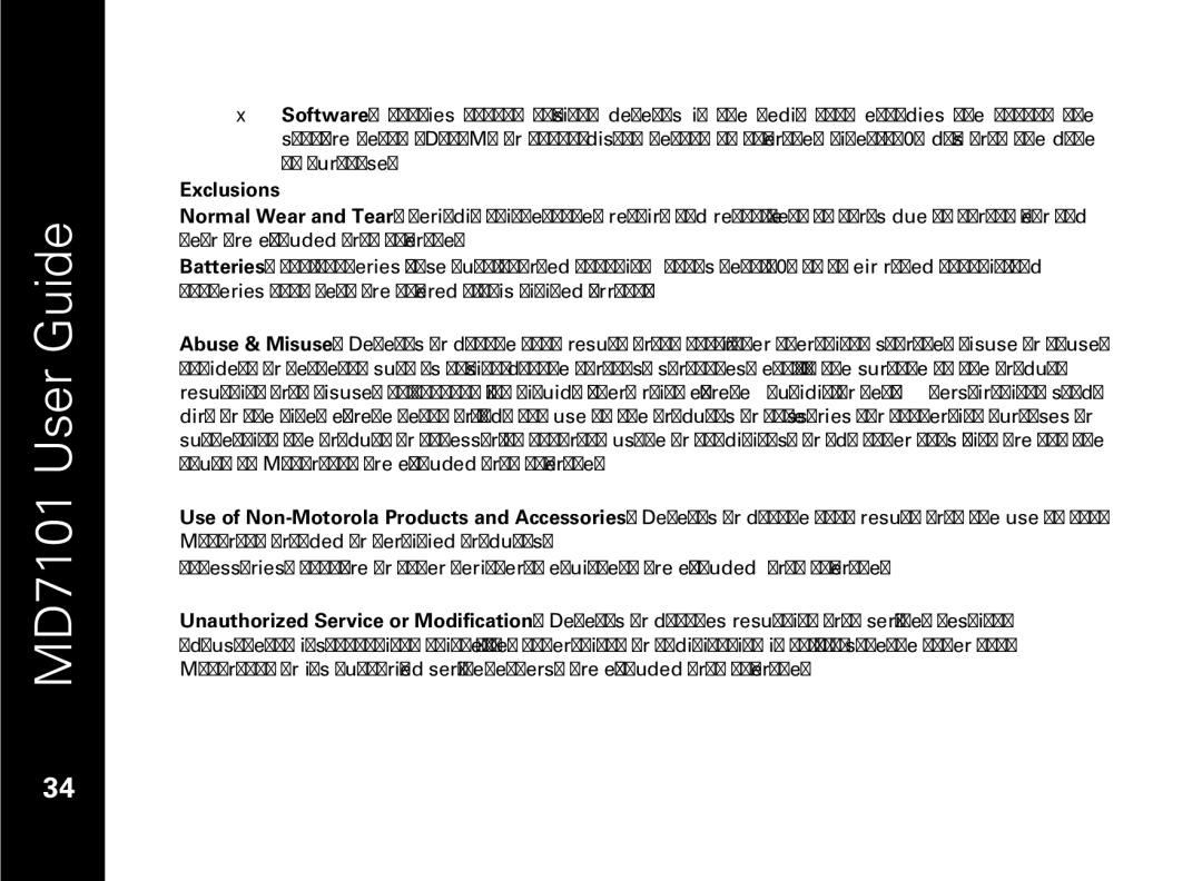 Motorola E51 Series manual Exclusions 