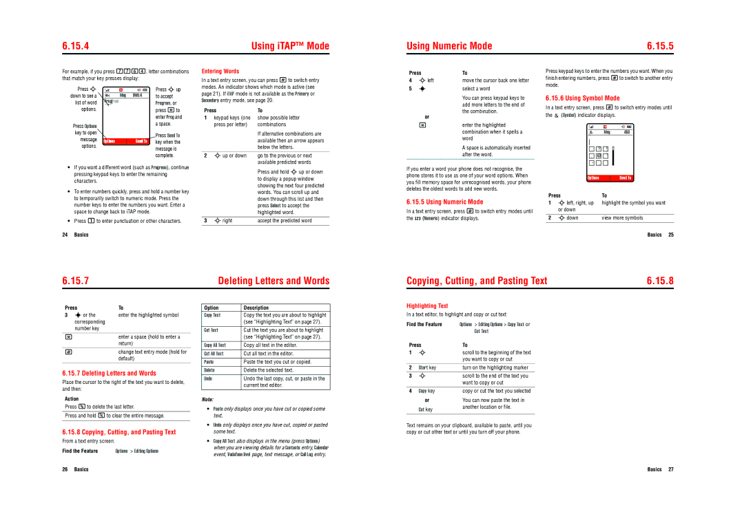 Motorola E770v 3G specifications Using Numeric Mode 15.5, 15.7, Copying, Cutting, and Pasting Text 15.8, Using iTAP Mode 