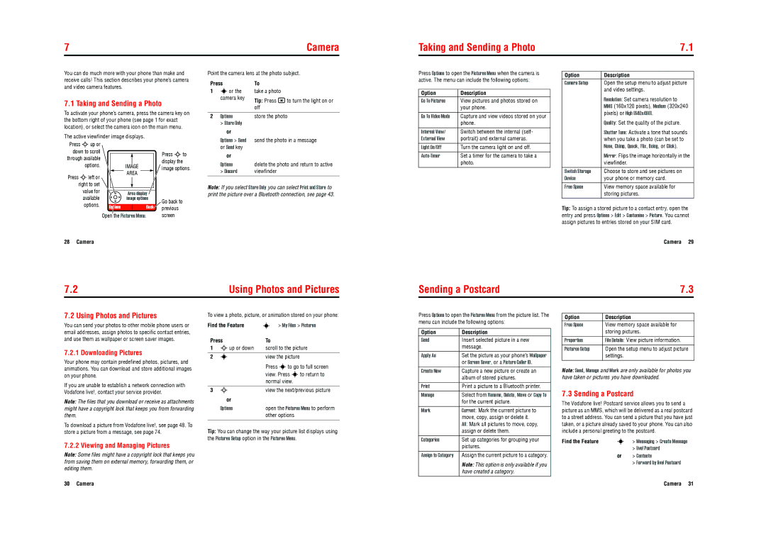 Motorola E770v 3G specifications Taking and Sending a Photo, Sending a Postcard, Camera, Using Photos and Pictures 