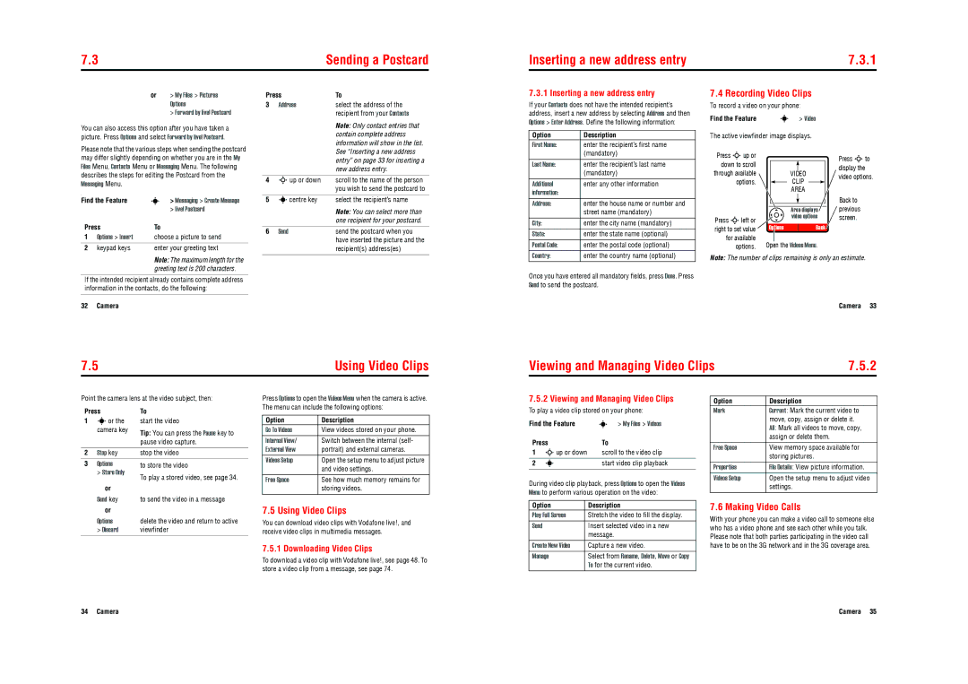 Motorola E770v 3G Inserting a new address entry, Viewing and Managing Video Clips, Sending a Postcard, Using Video Clips 