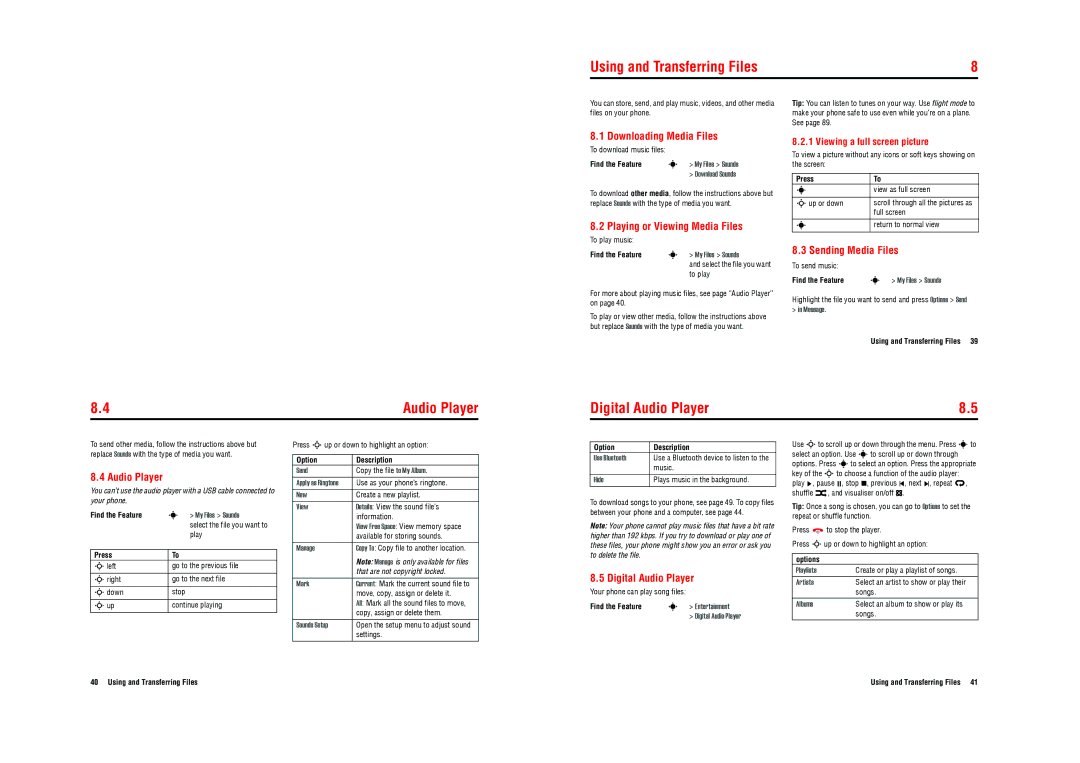 Motorola E770v 3G specifications Using and Transferring Files, Digital Audio Player 