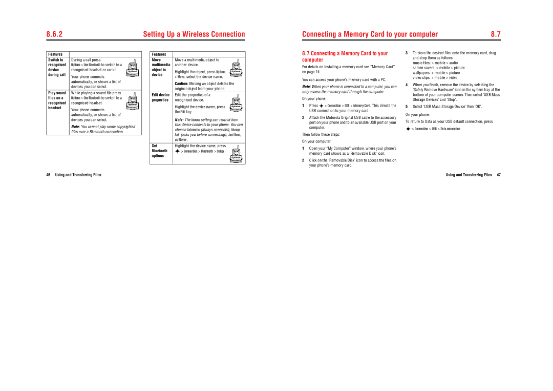 Motorola E770v 3G specifications Connecting a Memory Card to your computer 