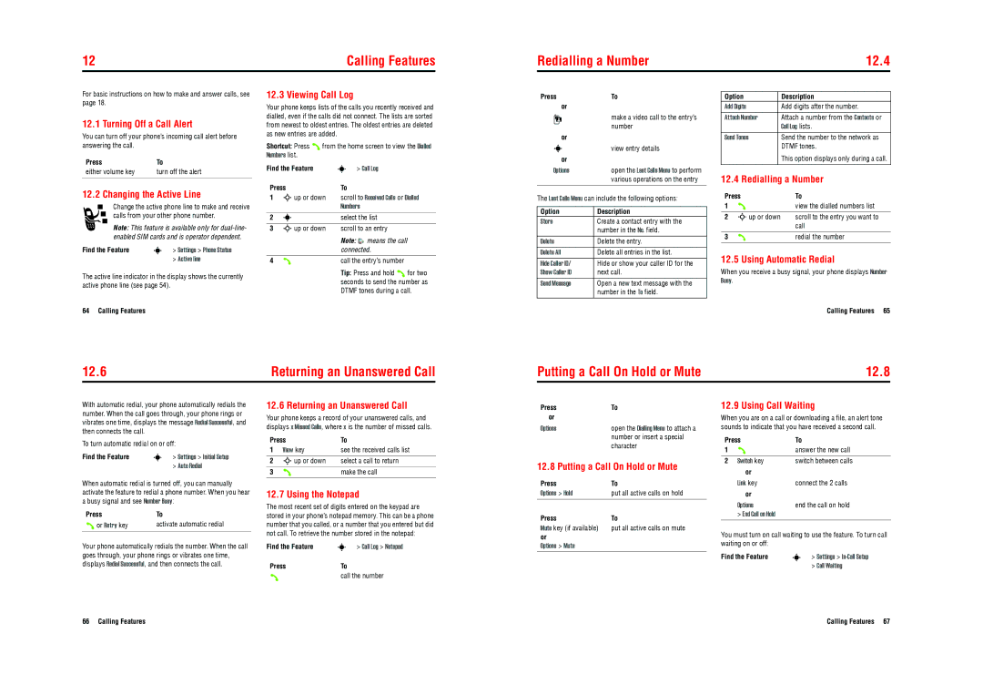 Motorola E770v 3G specifications Redialling a Number 12.4, 12.6, Putting a Call On Hold or Mute 12.8, Calling Features 