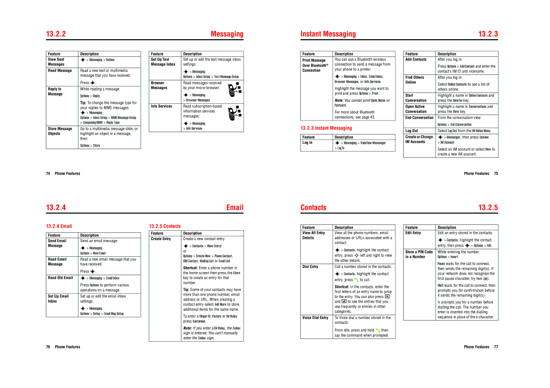 Motorola E770v 3G specifications Instant Messaging 13.2.3, 13.2.4, Contacts 13.2.5 