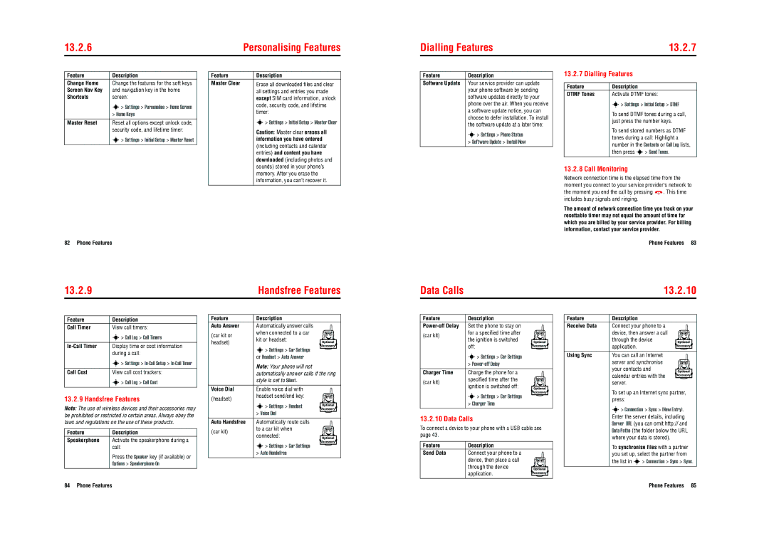 Motorola E770v 3G specifications Dialling Features 13.2.7, 13.2.9, Data Calls 13.2.10, Handsfree Features 