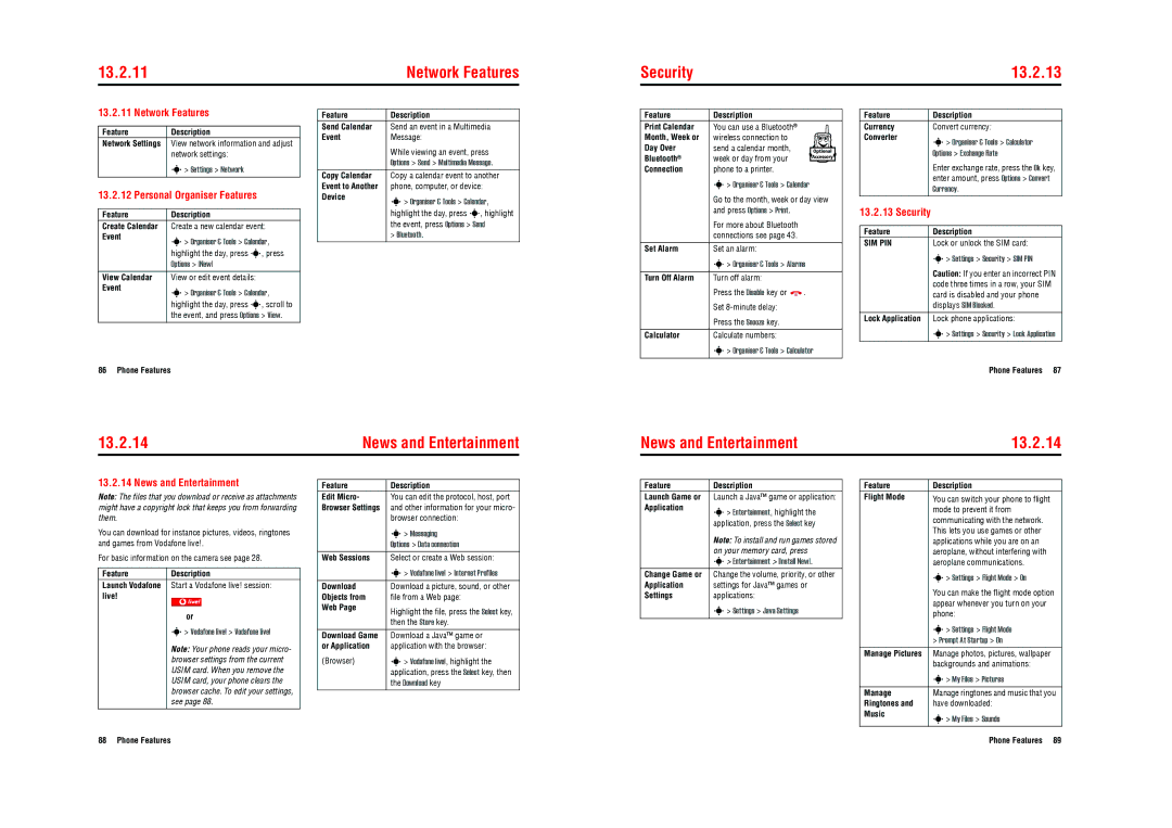 Motorola E770v 3G specifications 13.2.11, Security 13.2.13, News and Entertainment 13.2.14 