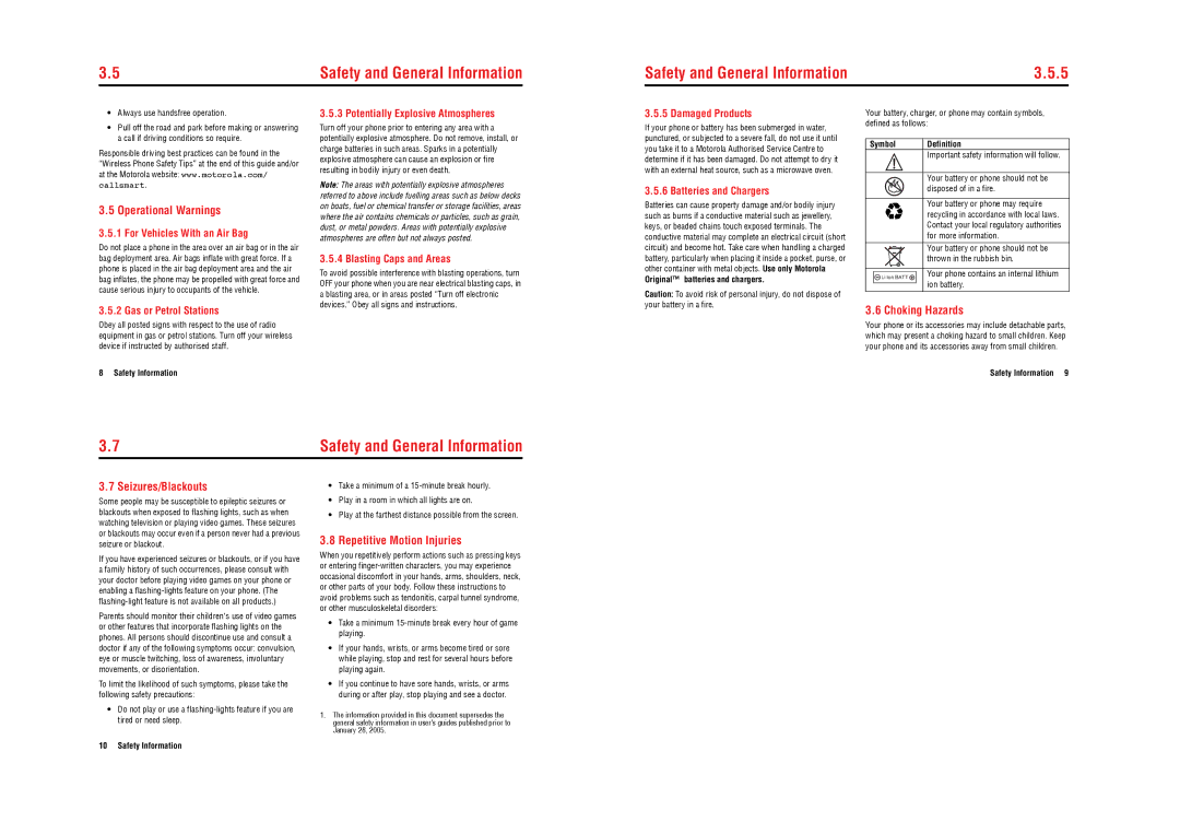 Motorola E770v 3G specifications Operational Warnings, Choking Hazards, Seizures/Blackouts, Repetitive Motion Injuries 