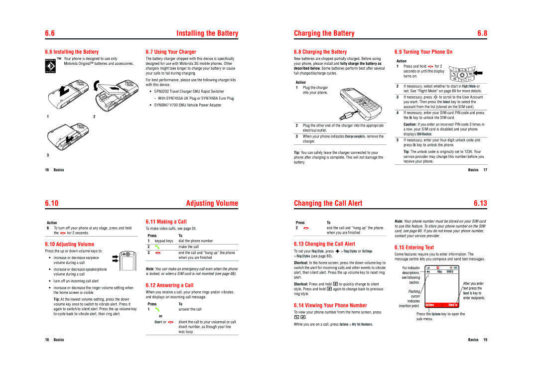 Motorola E770v 3G specifications Charging the Battery, Changing the Call Alert, Installing the Battery, Adjusting Volume 