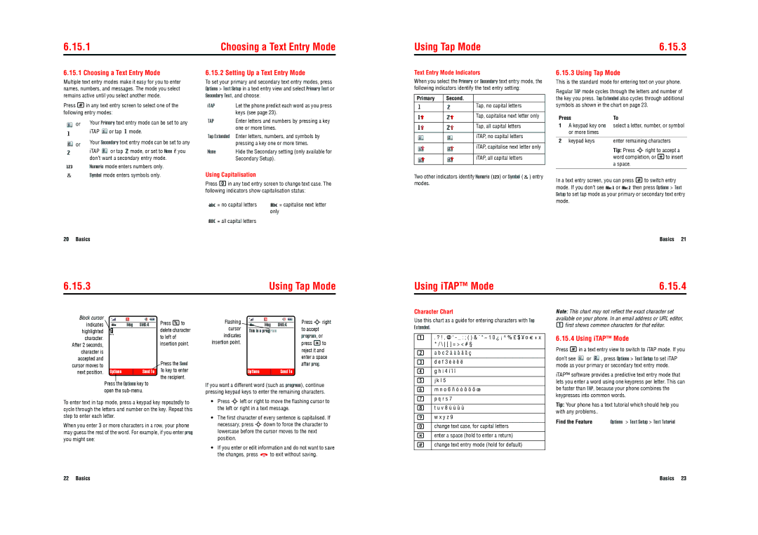 Motorola E770v 3G specifications 15.1, Using Tap Mode 15.3, Using iTAP Mode 15.4, Choosing a Text Entry Mode 