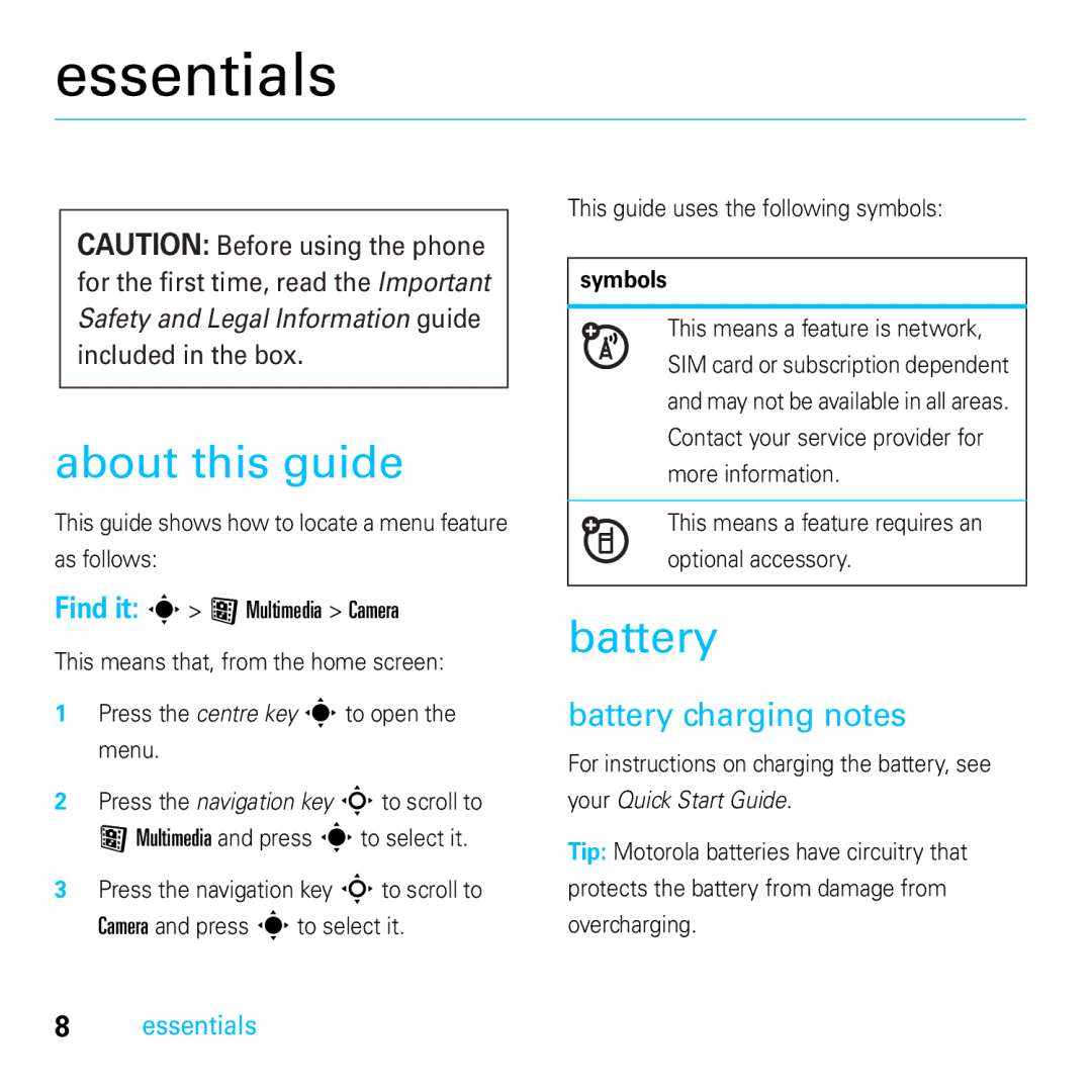 Motorola E8 manual Essentials, About this guide, Battery charging notes 