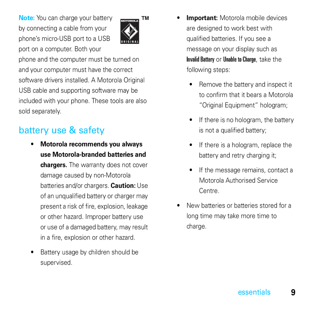 Motorola E8 manual Battery use & safety, Port on a computer. Both your, Battery usage by children should be supervised 