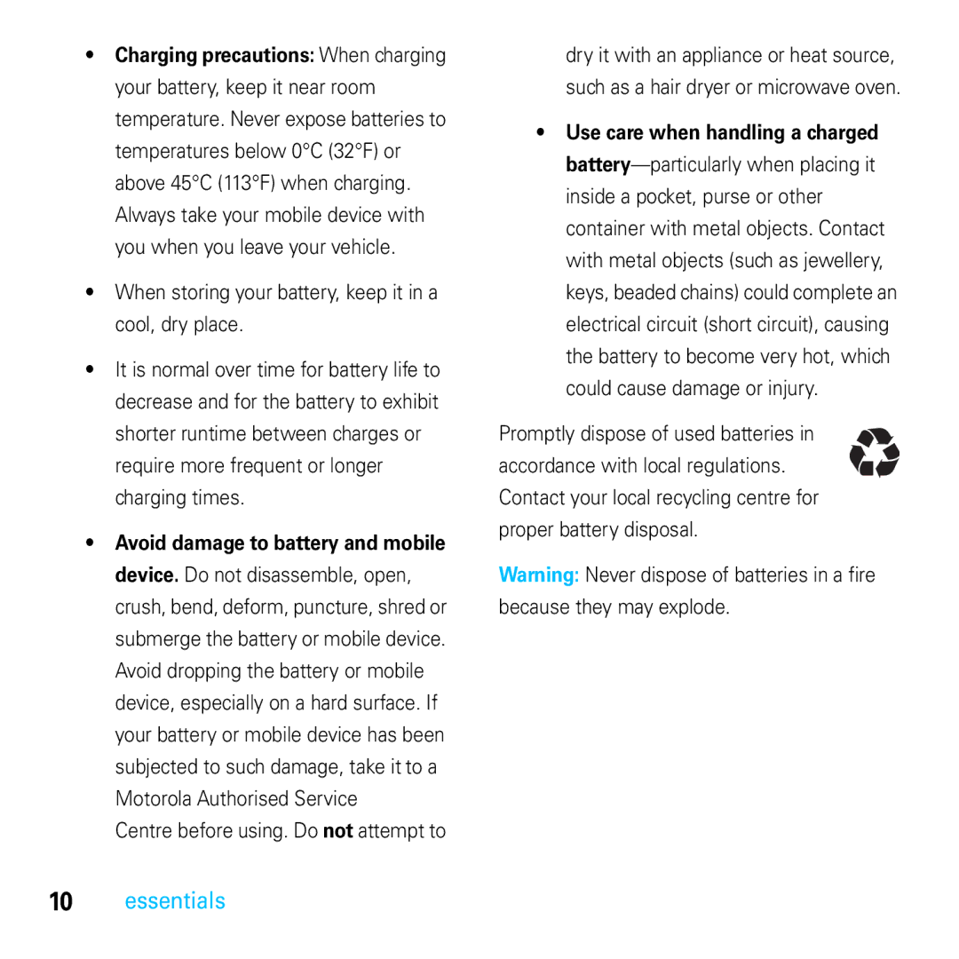 Motorola E8 manual Essentials 