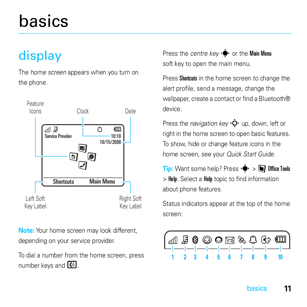 Motorola E8 manual Basics, Display, Home screen appears when you turn on Phone 