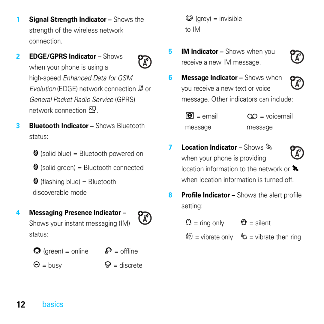 Motorola E8 Messaging Presence Indicator, Location Indicator Shows P, Profile Indicator Shows the alert profile setting 