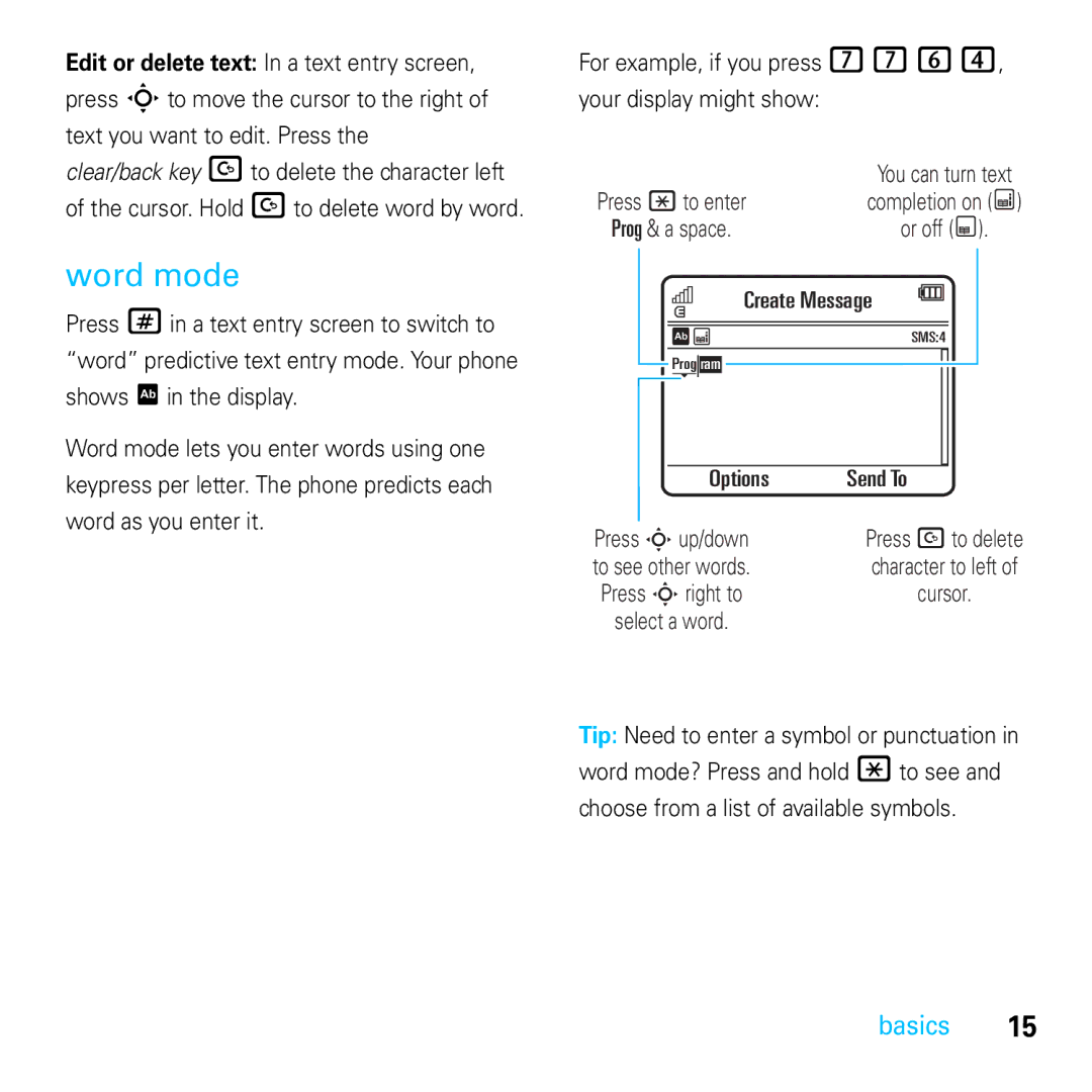 Motorola E8 manual Word mode, Choose from a list of available symbols 