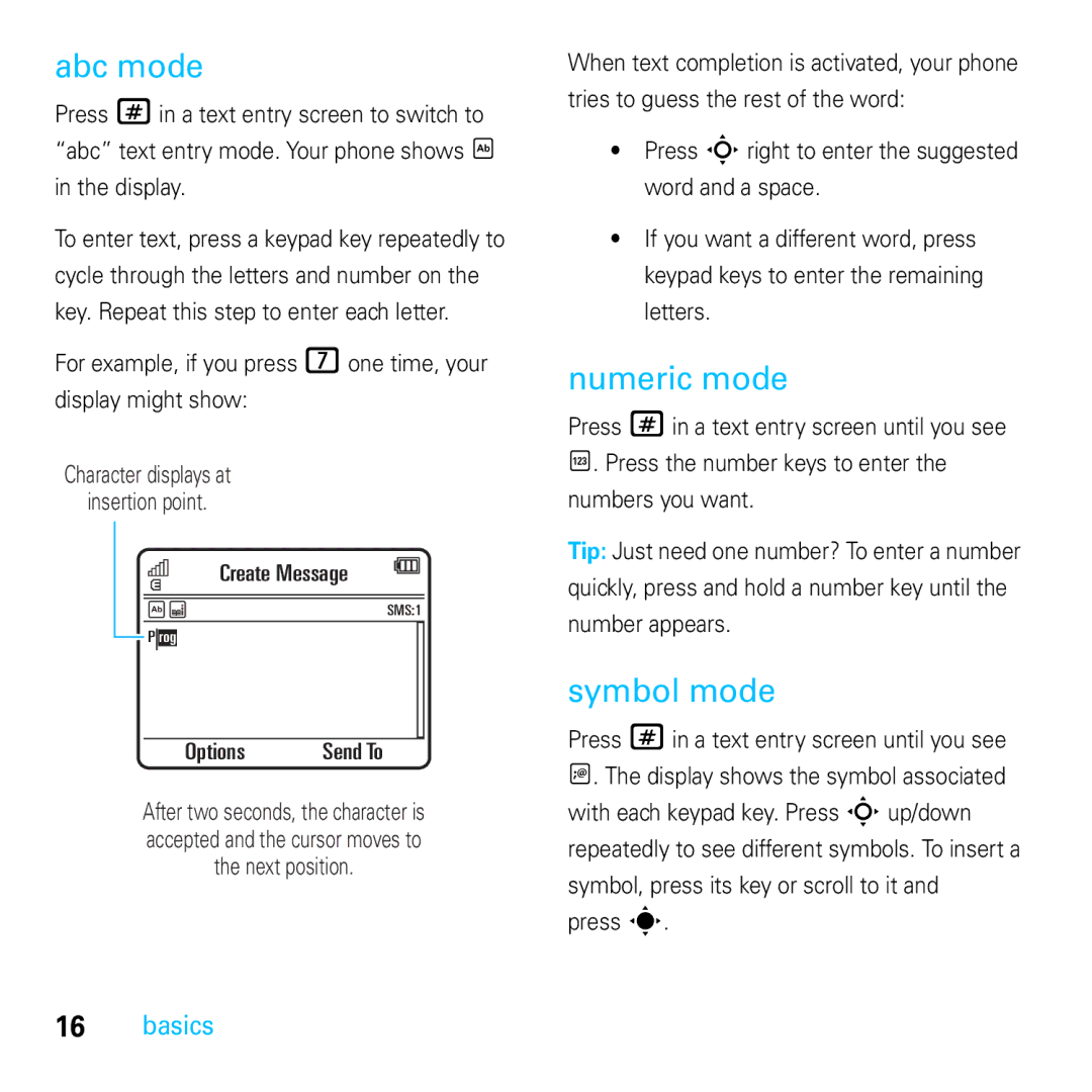 Motorola E8 manual Abc mode, Numeric mode, Symbol mode 