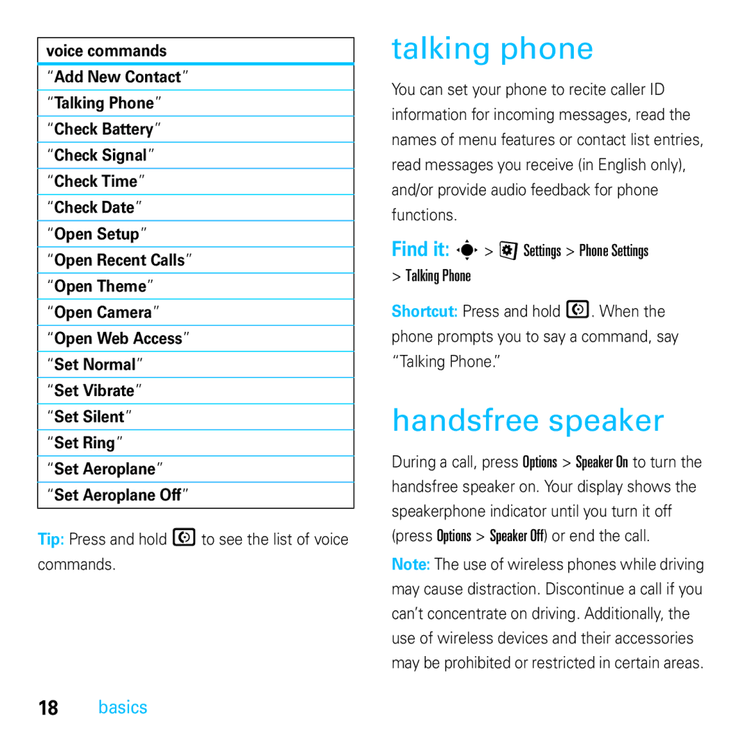 Motorola E8 manual Talking phone, Handsfree speaker, Tip Press and hold Nto see the list of voice Commands 