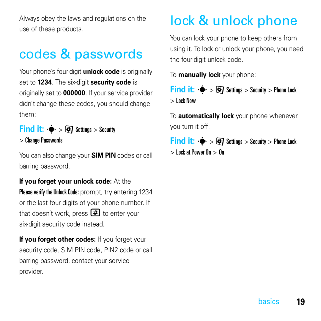 Motorola E8 Codes & passwords, Lock & unlock phone, If you forget your unlock code At, To manually lock your phone 