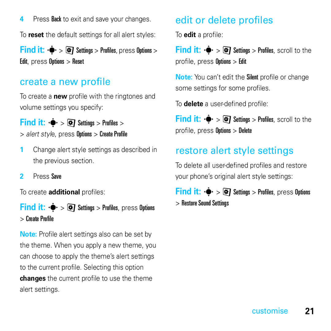 Motorola E8 manual Create a new profile, Edit or delete profiles, Restore alert style settings, Create Profile 