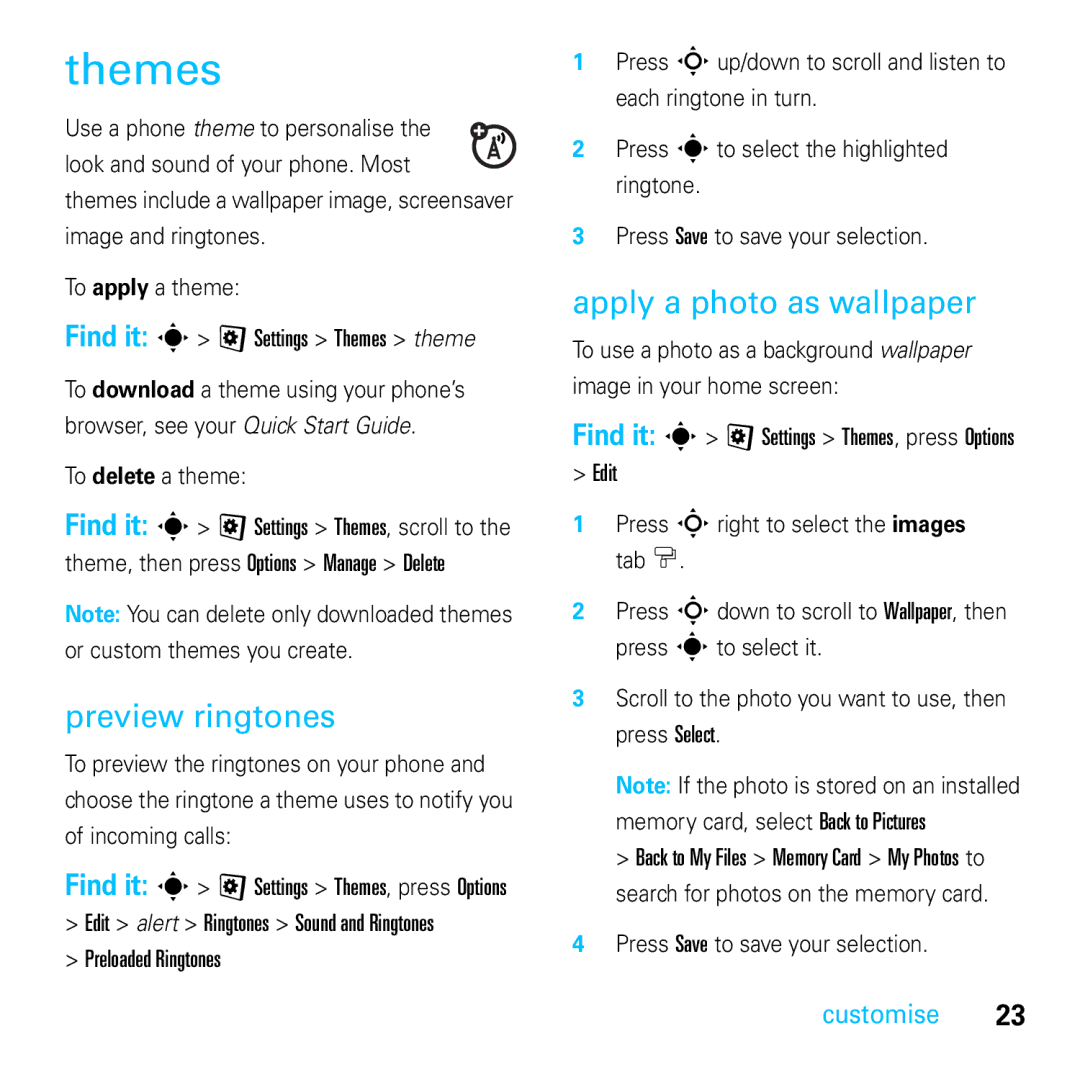 Motorola E8 manual Themes, Preview ringtones, Apply a photo as wallpaper, To delete a theme 