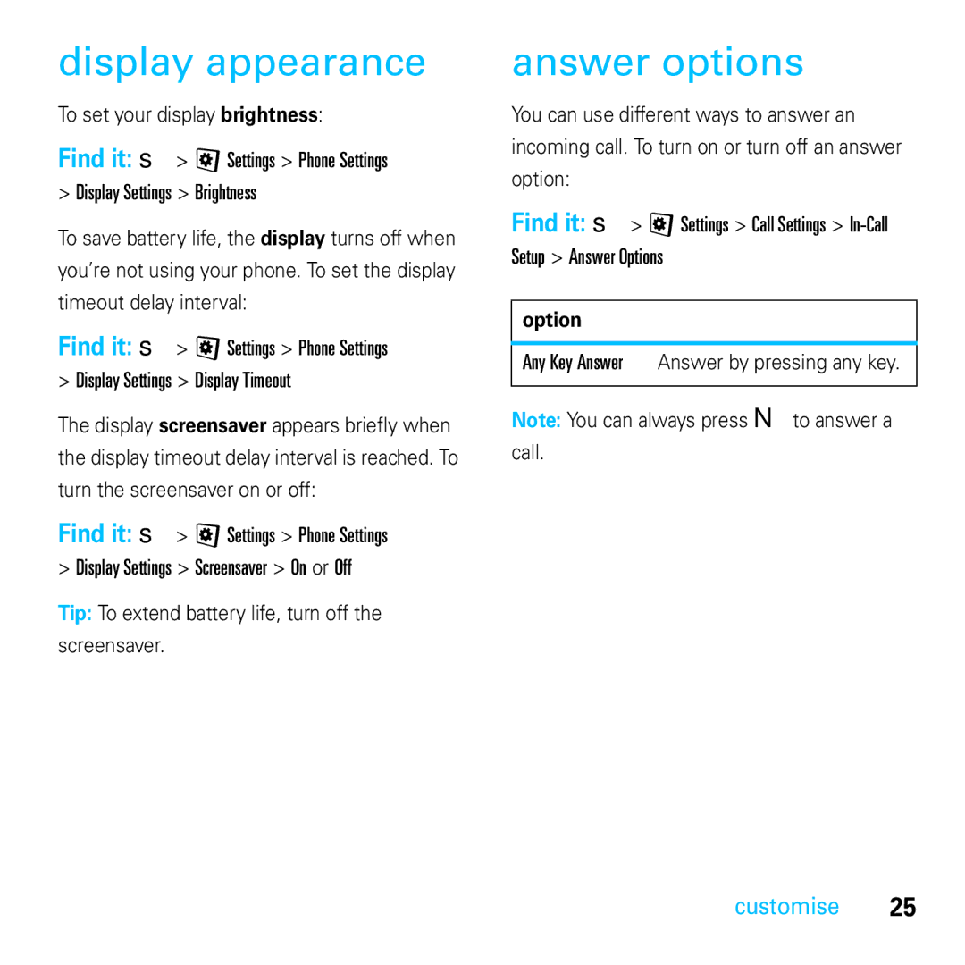 Motorola E8 manual Display appearance, Answer options, Option, Call 