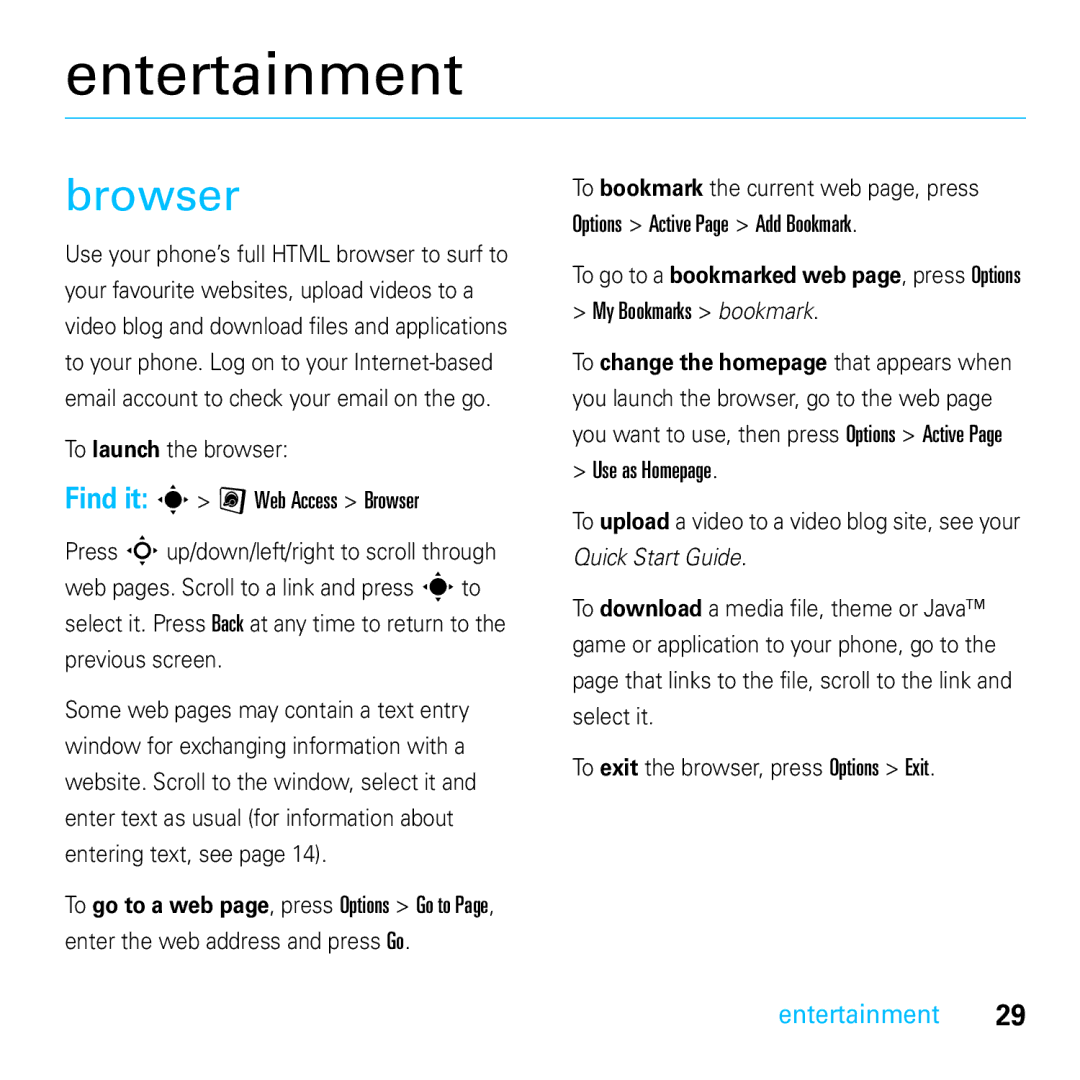 Motorola E8 manual Entertainment, Browser, My Bookmarks bookmark 