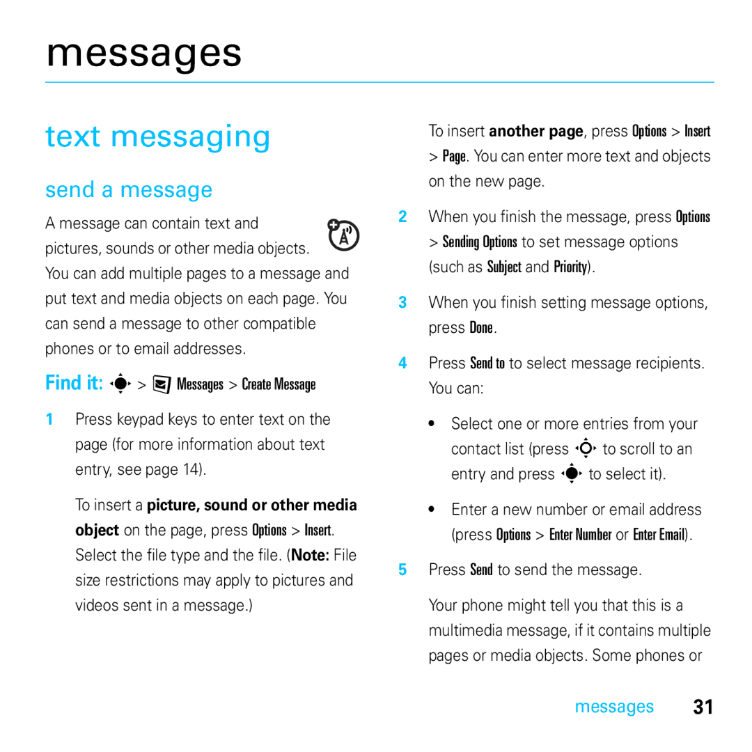 Motorola E8 manual Messages, Text messaging, Send a message 