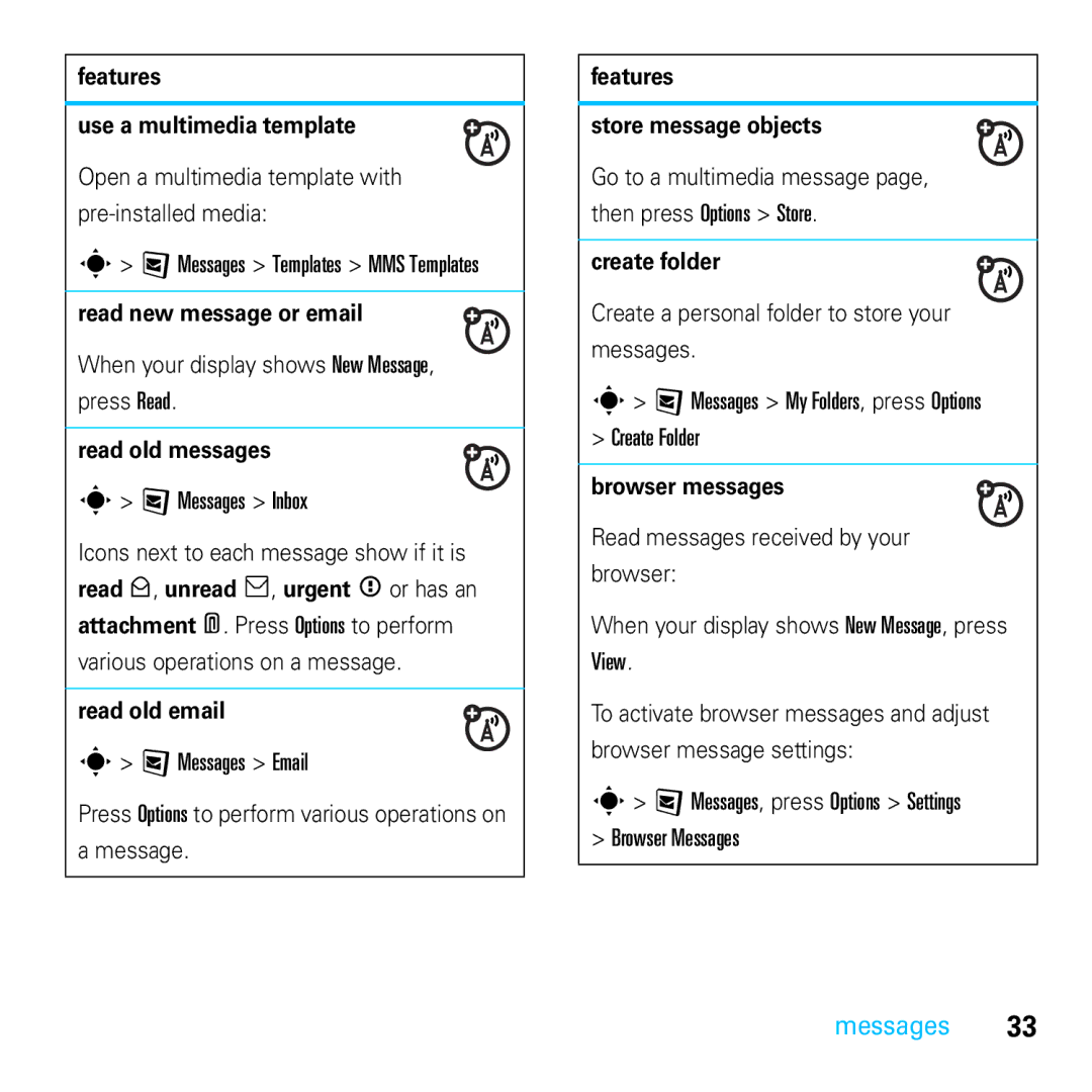 Motorola E8 manual Features Use a multimedia template, Read new message or email, Read old messages, Read old email 