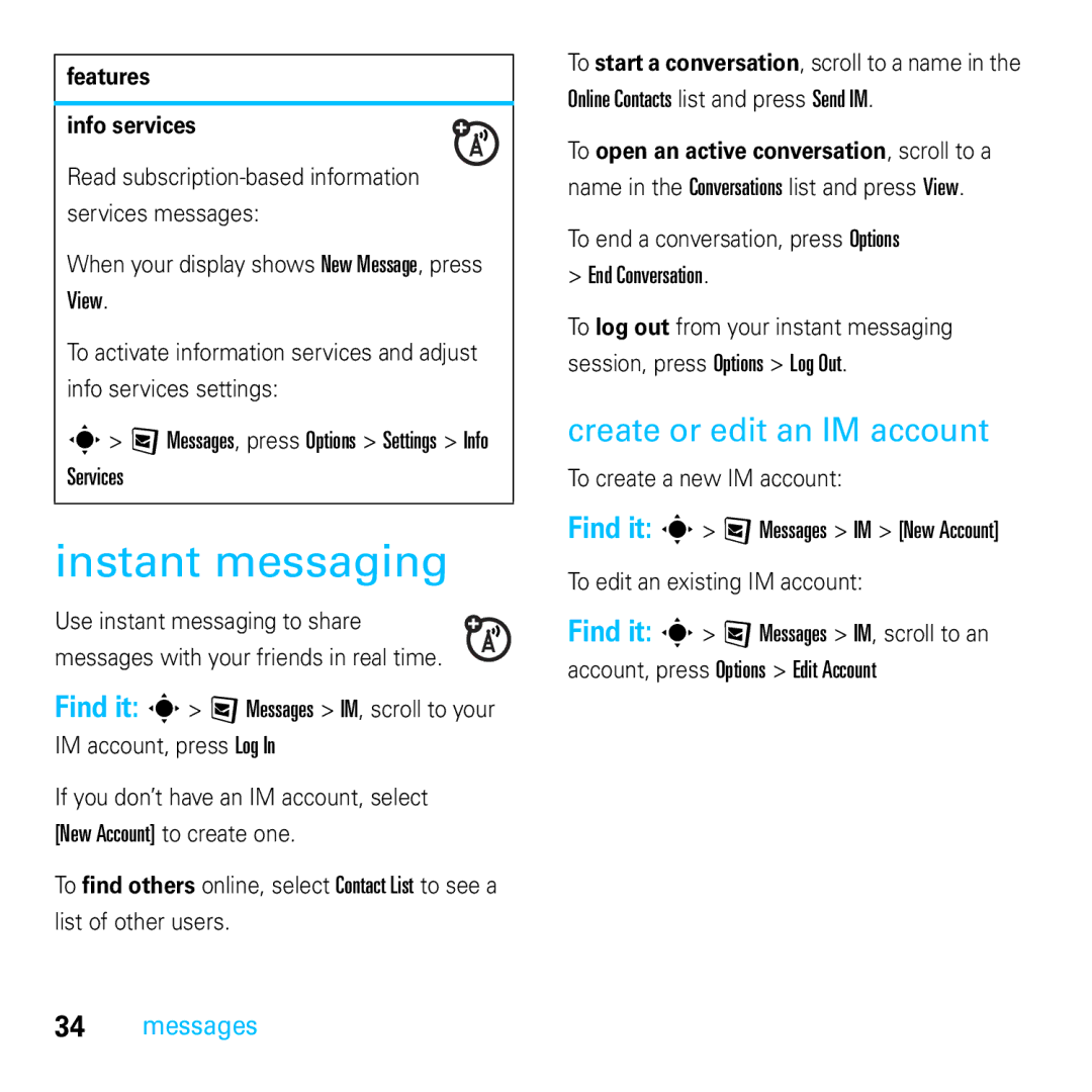 Motorola E8 manual Instant messaging, Create or edit an IM account, Features Info services 