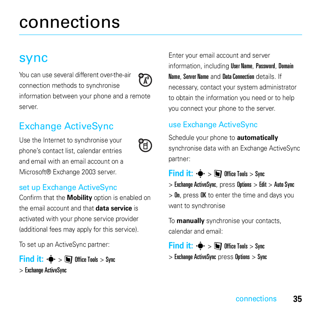 Motorola E8 manual Connections, Exchange ActiveSync 