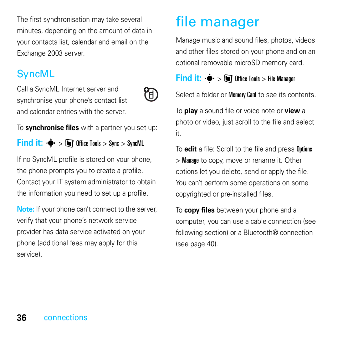 Motorola E8 manual File manager, Find it s ~ Office Tools Sync SyncML, Find it s ~ Office Tools File Manager 