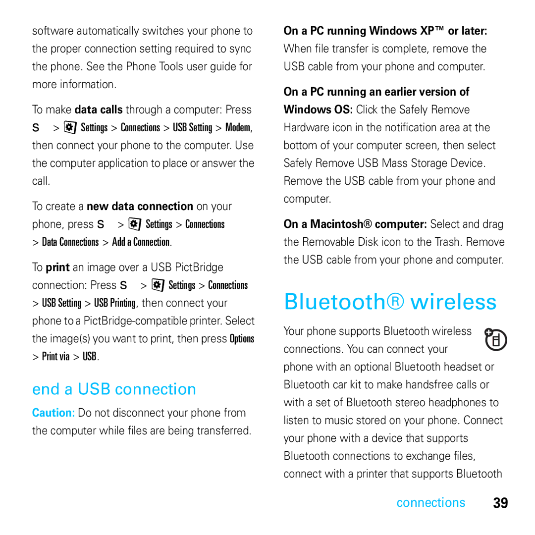 Motorola E8 manual Bluetooth wireless, End a USB connection, On a PC running Windows XP or later 