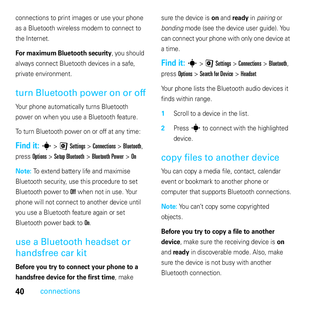 Motorola E8 Turn Bluetooth power on or off, Use a Bluetooth headset or handsfree car kit, Copy files to another device 