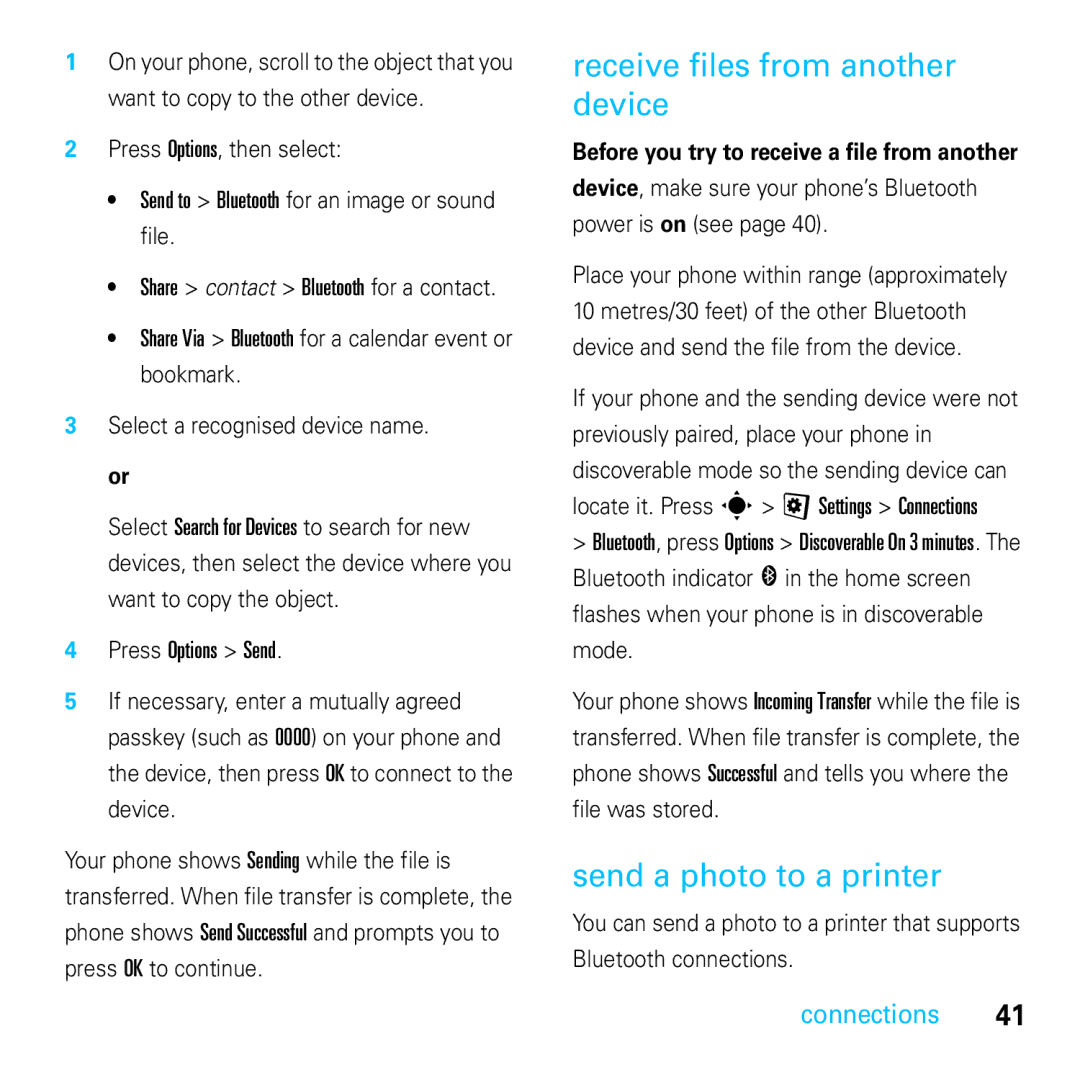 Motorola E8 manual Receive files from another device, Send a photo to a printer, Bluetooth connections 