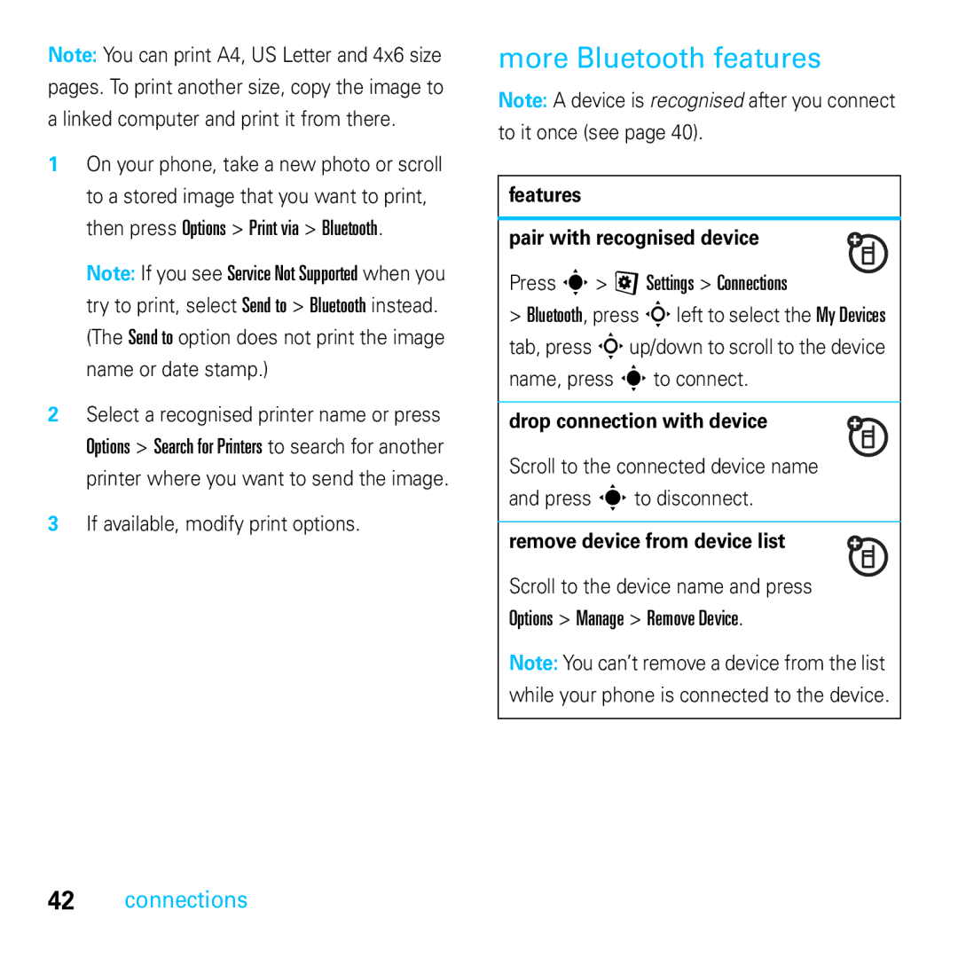 Motorola E8 manual More Bluetooth features, Features Pair with recognised device, Drop connection with device 