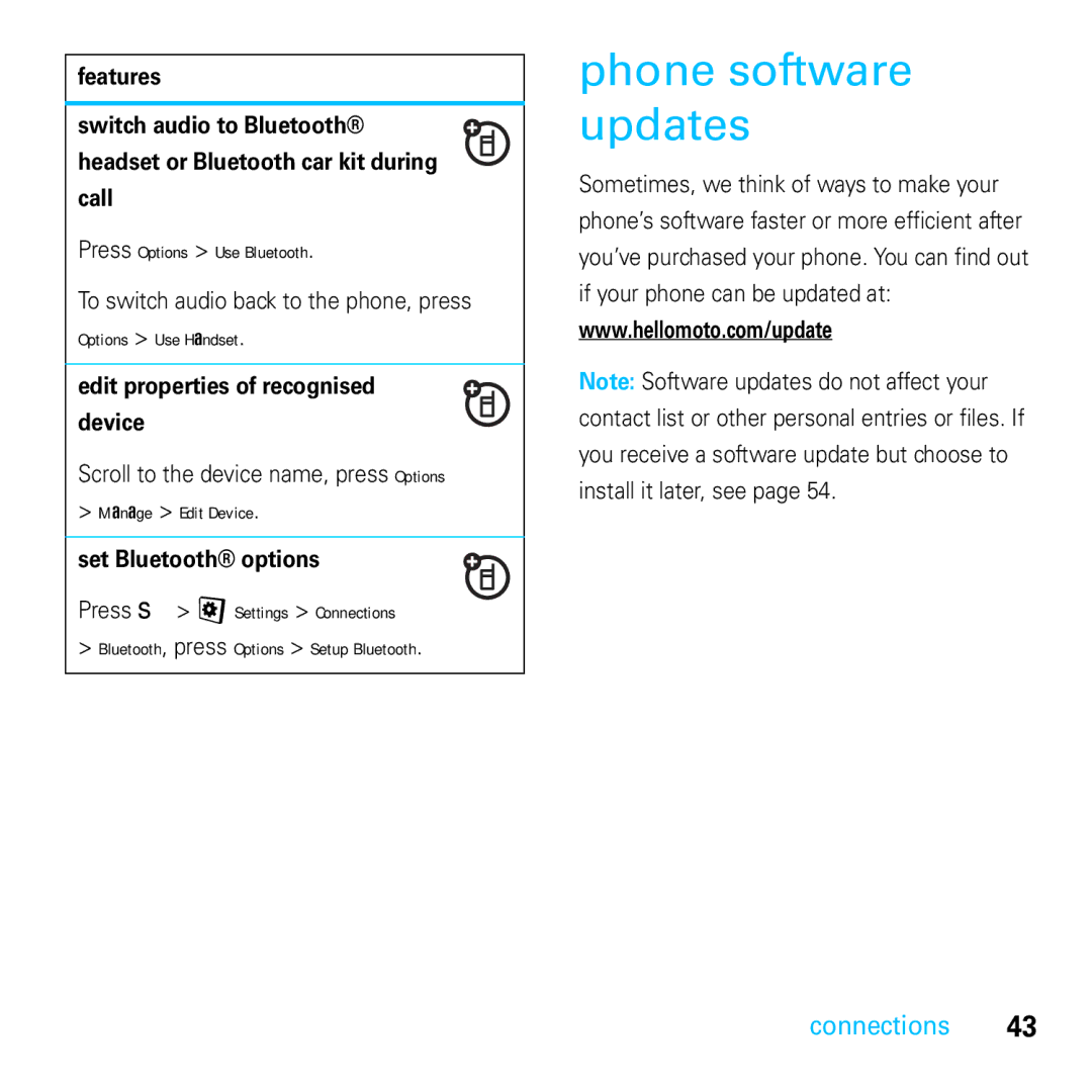 Motorola E8 manual Phone software updates, Edit properties of recognised Device, Set Bluetooth options 