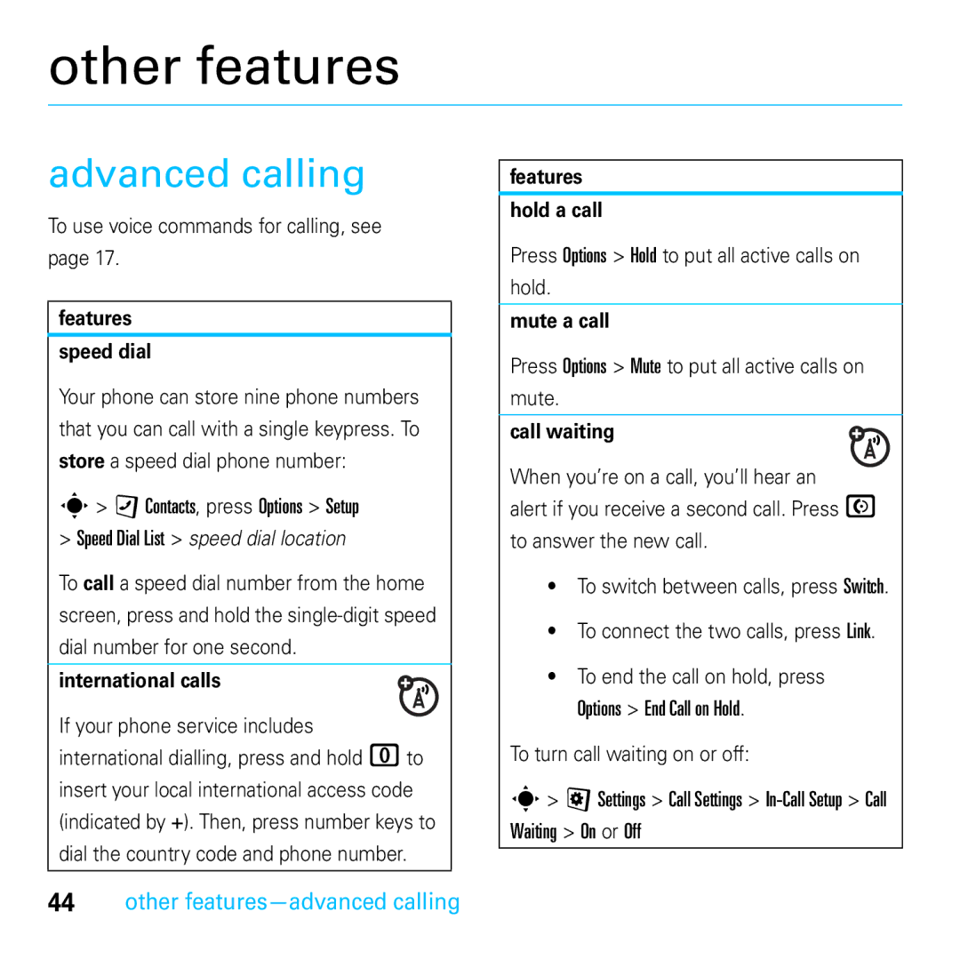 Motorola E8 manual Advanced calling, Other features-advanced calling 